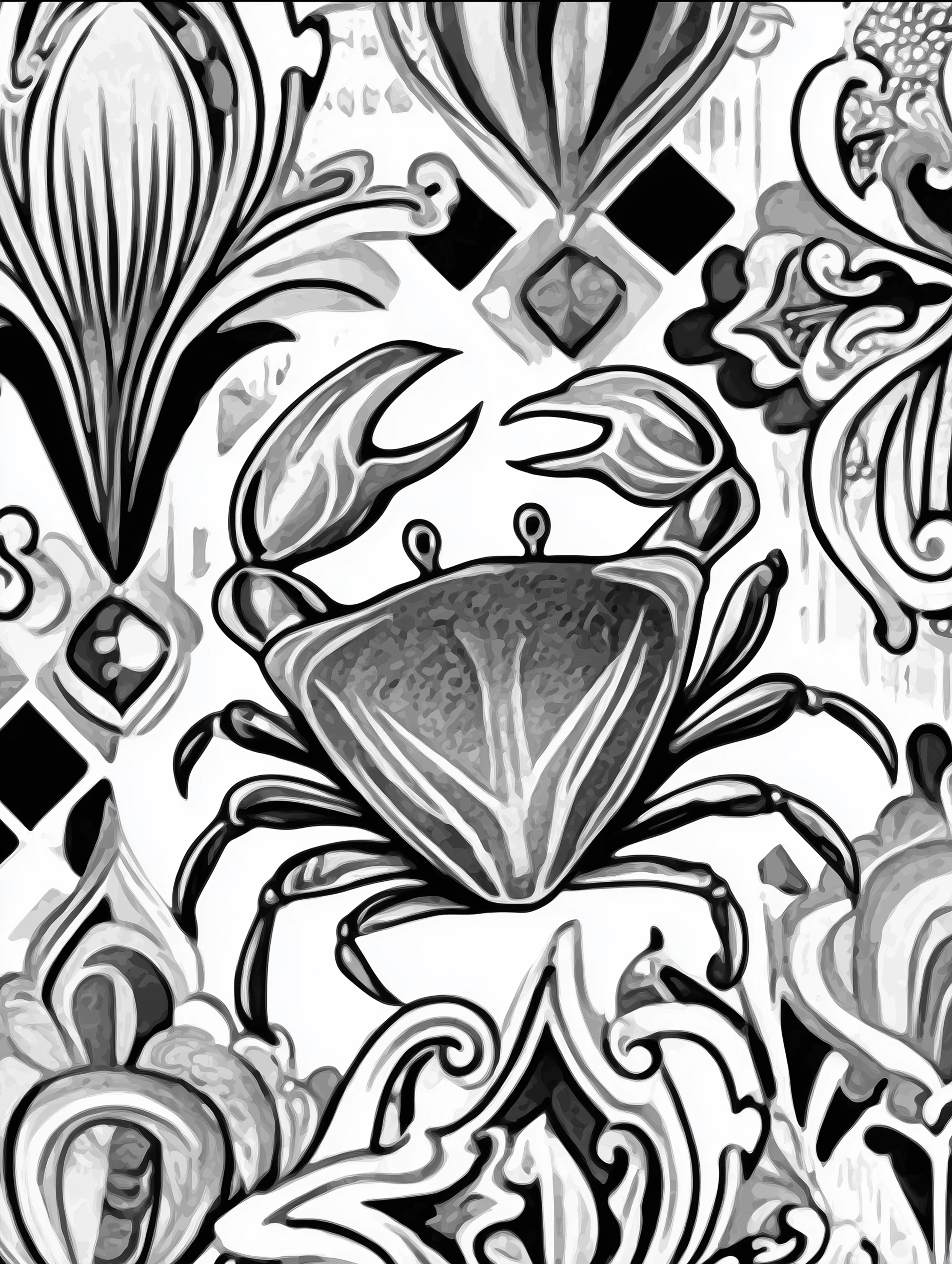 Free printable underwater coloring page for adults featuring a crab with decorative details